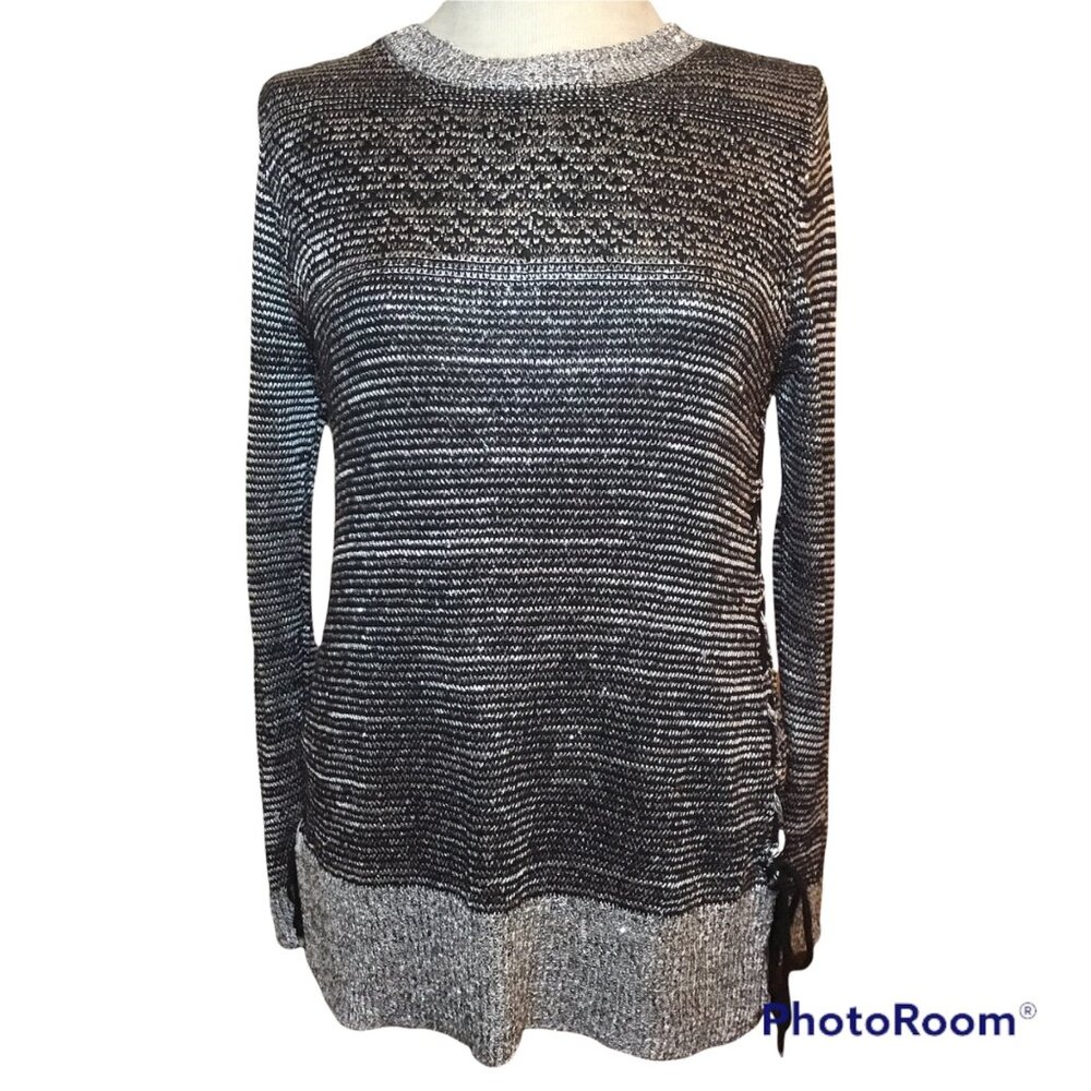 Sioni Tunic Bling Sweater Accent Sides Ladies Size Small Black White Sweater